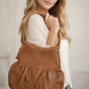 Bodhi Cognac Brown Leather Shoulder Bag Pleated Hobo Soft Slouch Purse
